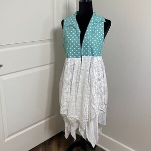 American Made BOHO Green Polka Dot Lace & Cotton Vest Open Lagan Small Cardigan